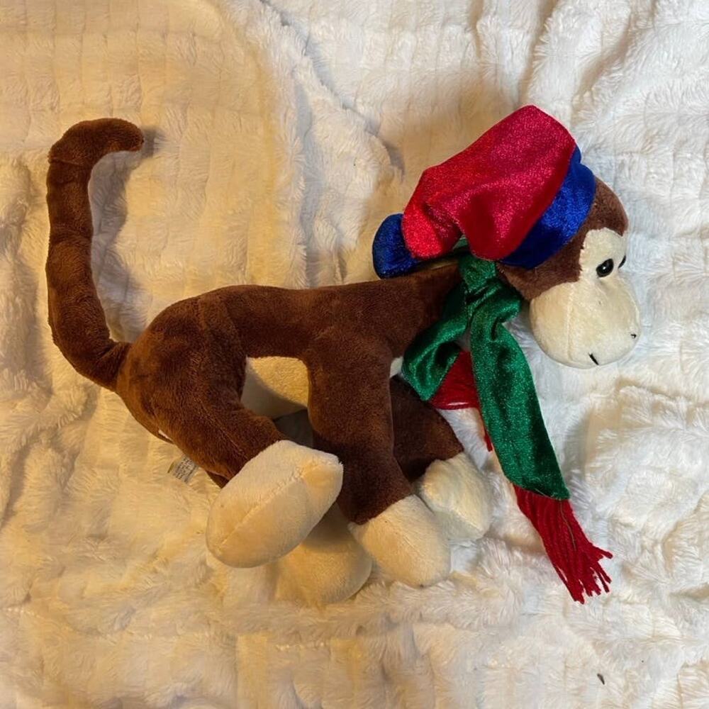 Christmas Plush Monkey Stuffed Animal Brown Red Green Posable‎ Holiday